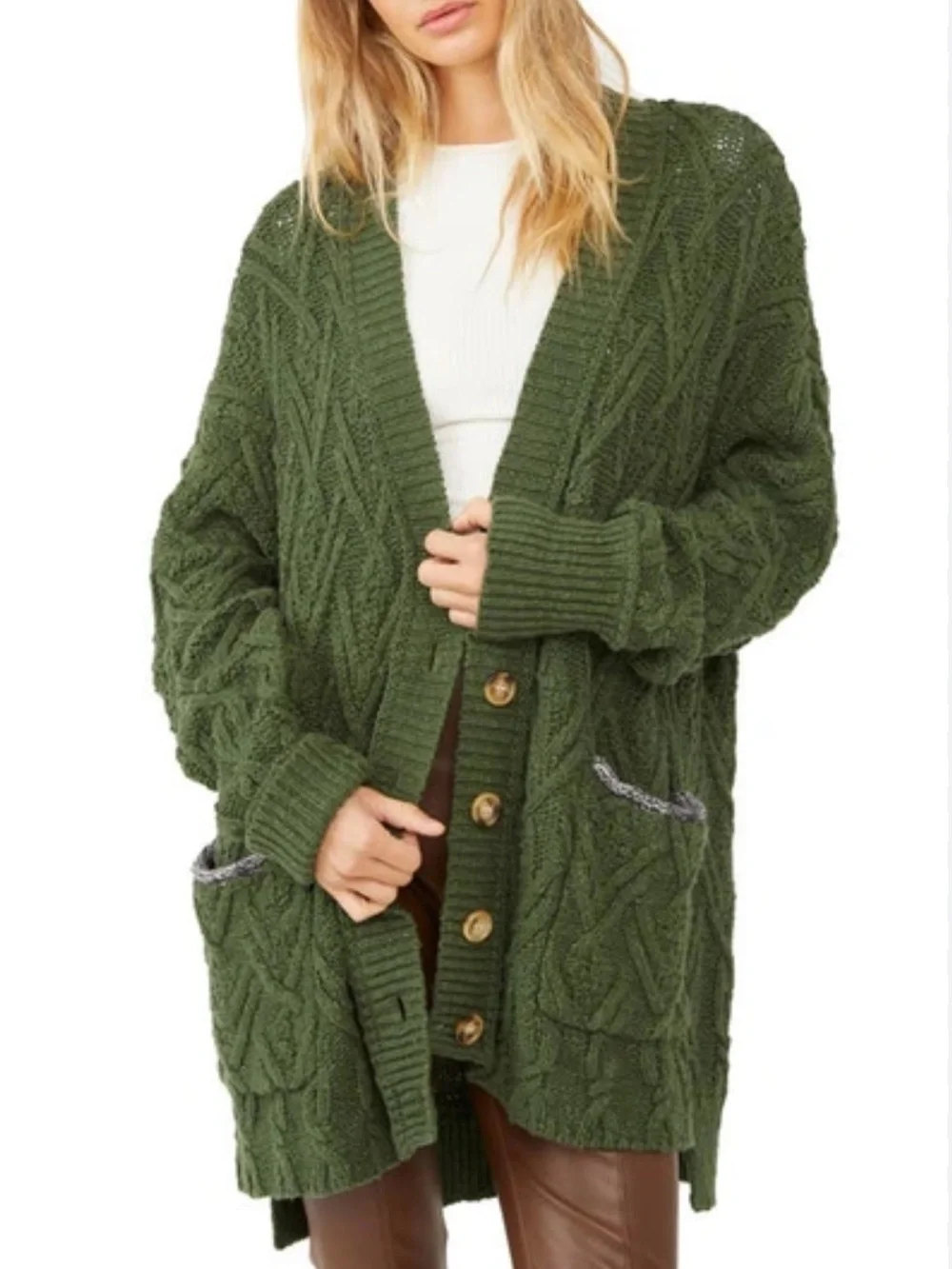 Free People Montana Cable Knit Cardigan Green Oversized XS